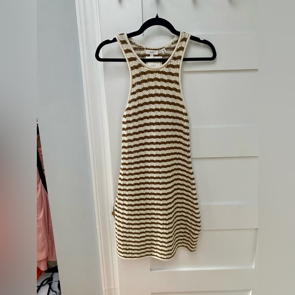 A.L.C crochet knit, tan and white striped razorback mini dress - Picture 2 of 6